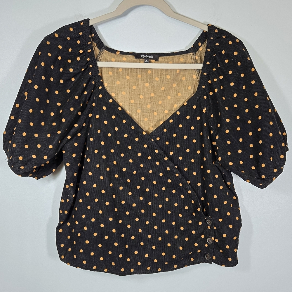 Madewell Puff Sleeve Wrap Top Women’s Medium Corduroy Polka Dot‎ Blouse